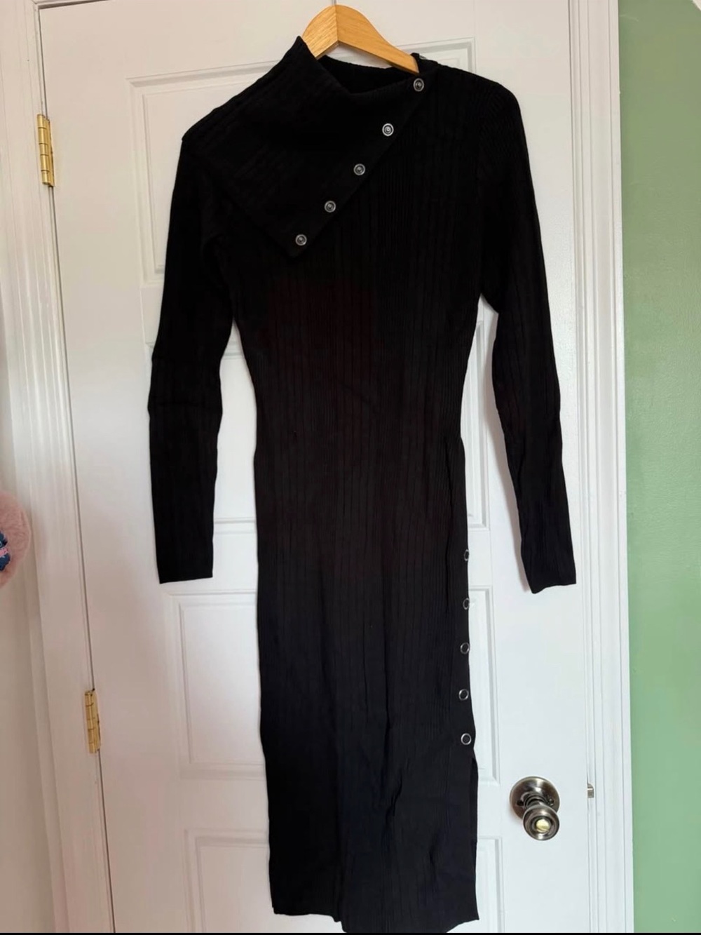 Guess Black Ribbed Midi Dress with Button-Trim